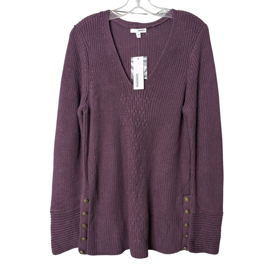 Sonoma Sweater Womens Large Plum Purple V-Neck Button Side Knit Tunic Cozy